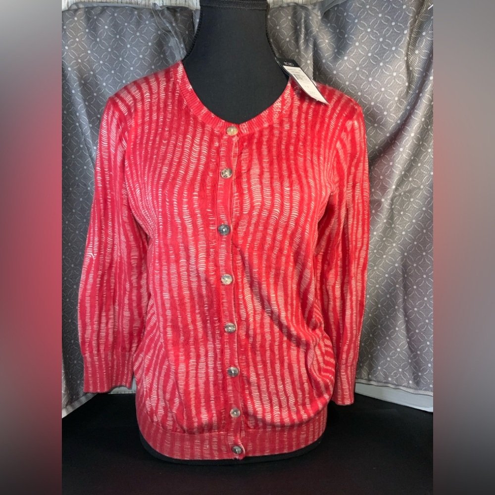 BCBG Women’s Red Striped Lightweight Cardigan Sweater NWT SZ Small Office Chic